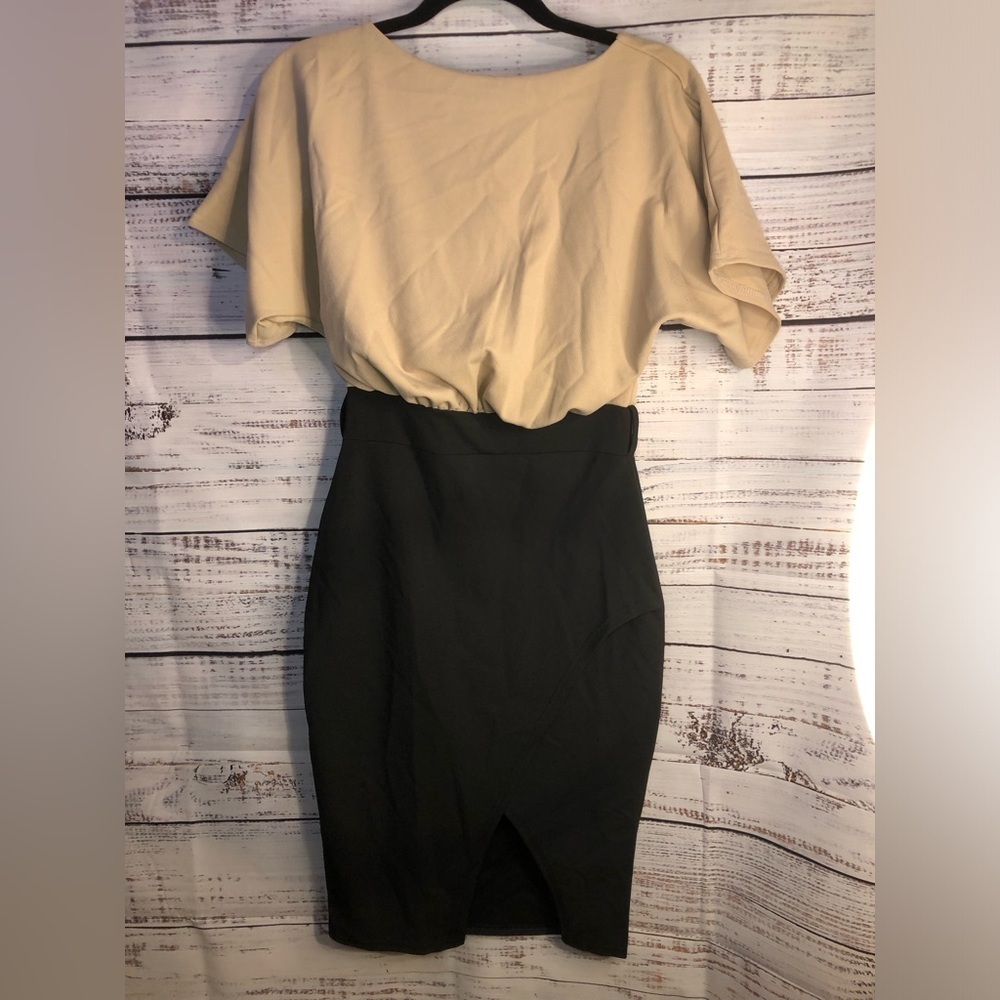 VENUS Beige and Black Midi Dress